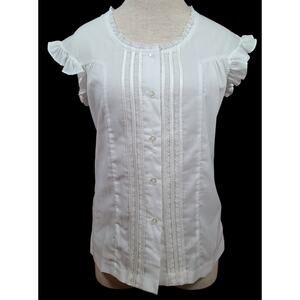 Vintage 70s White Blouse Lace Ribbon Ruffle Cap Sleeve Button Up SZ 8 SM/Med